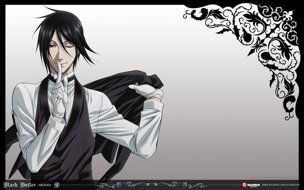 Anime picture 1680x1050 with kuroshitsuji a-1 pictures sebastian michaelis single looking at viewer short hair black hair red eyes wide image one eye closed wink inscription finger to mouth butler boy necktie vest