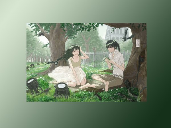 Anime picture 1280x960 with d.gray-man kanda yuu lenalee lee naominao long hair open mouth black hair simple background smile sitting holding ponytail eyes closed barefoot couple kneeling border green background girl boy
