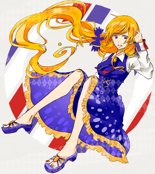 Anime picture 1785x2000 with original orangina yuu (nana627) single long hair tall image highres open mouth blue eyes white background very long hair orange hair flag print girl dress hair ornament sandals