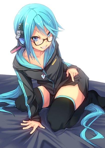 Anime picture 827x1169 with project diva f 2nd vocaloid hatsune miku fu-ta single tall image looking at viewer fringe open mouth light erotic simple background smile white background sitting twintails bent knee (knees) very long hair aqua eyes aqua hair leaning