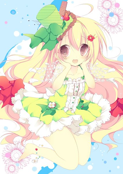 Anime picture 752x1062 with original umino mizu single long hair tall image looking at viewer blush open mouth blonde hair red eyes barefoot bare legs girl dress flower (flowers) hat frills
