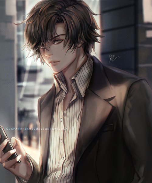 Anime picture 833x1000 with mystic messenger jumin han claparo-sans single tall image looking at viewer fringe short hair brown hair brown eyes signed upper body depth of field open collar formal boy mobile phone smartphone