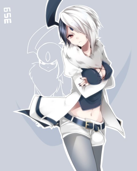 Anime picture 1200x1500 with pokemon nintendo absol takeshima eku single tall image looking at viewer fringe short hair breasts black hair simple background red eyes cleavage white hair nail polish multicolored hair hair over one eye two-tone hair facial mark