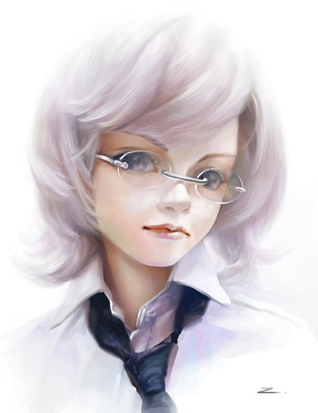 Anime picture 1024x1331 with original zhuzhu (artist) single tall image short hair simple background white background purple eyes purple hair lips portrait girl shirt glasses necktie