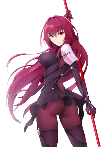 Anime picture 800x1126 with fate (series) fate/grand order scathach (fate) (all) scathach (fate) sano jinya single long hair tall image looking at viewer fringe breasts light erotic simple background hair between eyes red eyes large breasts white background holding purple hair ass