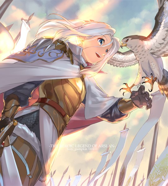Anime picture 756x836 with arslan senki arslan holy pumpkin single long hair tall image open mouth blue eyes signed looking away sky white hair from below copyright name boy animal armor bird (birds) cape eagle