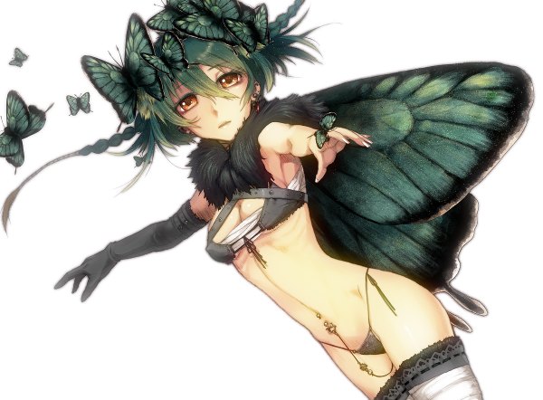 Anime picture 1200x884 with original nabenko single short hair light erotic simple background white background brown eyes green hair insect wings butterfly wings girl thighhighs gloves navel elbow gloves insect butterfly