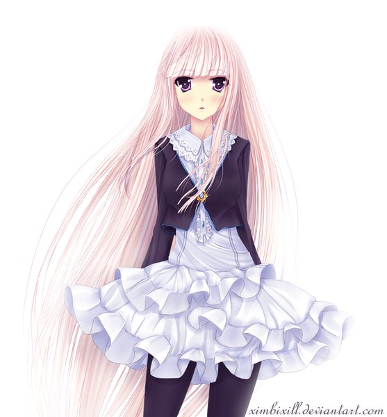 Anime picture 1300x1400 with original ximbixill single tall image blush open mouth simple background white background pink hair very long hair pink eyes girl dress pantyhose