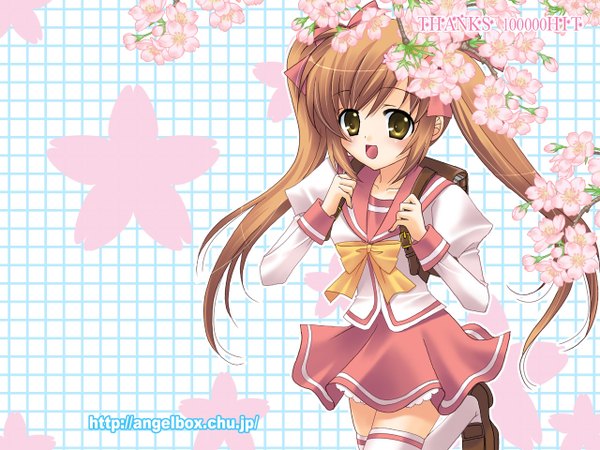 Anime picture 1280x960 with original hazuki ruka long hair blush open mouth brown hair twintails yellow eyes inscription cherry blossoms girl thighhighs ribbon (ribbons) hair ribbon white thighhighs serafuku backpack loafers