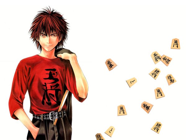 Anime picture 1280x960 with hikaru no go studio pierrot kaga tetsuo obata takeshi single looking at viewer fringe short hair simple background hair between eyes red eyes white background holding upper body red hair arm up hieroglyph hand in pocket clothes writing boy