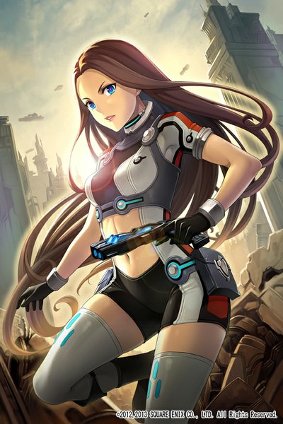 Anime picture 588x882 with star galaxy square enix hazel clive terumii single long hair tall image looking at viewer blue eyes brown hair sky cloud (clouds) parted lips sunlight bare belly standing on one leg ruins girl thighhighs gloves