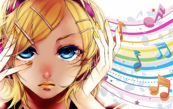 Anime picture 2000x1268 with vocaloid kagamine rin akiakane single long hair looking at viewer highres short hair blue eyes blonde hair nail polish lipstick looking up face music girl hair ornament hairclip headphones star (symbol)