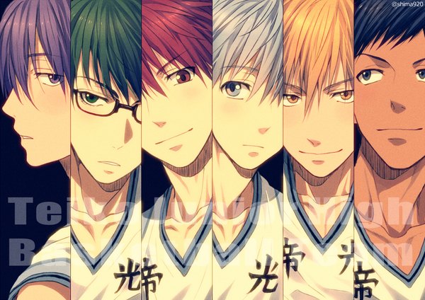 Anime picture 900x636 with kuroko no basket production i.g kuroko tetsuya kise ryouta aomine daiki akashi seijuurou midorima shintarou murasakibara atsushi mashima shima looking at viewer blush fringe short hair blonde hair smile hair between eyes red eyes purple eyes green eyes signed