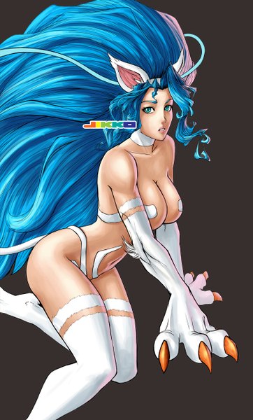 Anime picture 774x1280 with vampire / darkstalkers (game) capcom felicia buttjeeeks single long hair tall image looking at viewer blue eyes light erotic simple background animal ears blue hair tail parted lips animal tail grey background arm support girl navel
