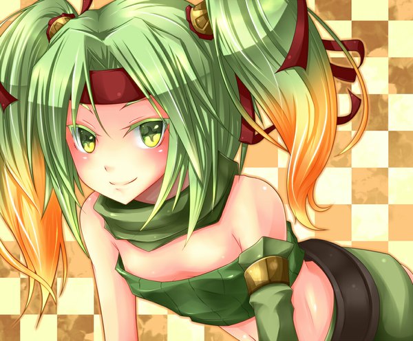 Anime picture 1122x928 with yu-gi-oh! shintani tsushiya single smile twintails bare shoulders green eyes multicolored hair green hair midriff girl detached sleeves hairband scarf