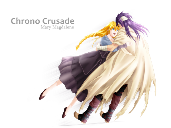 Anime picture 1600x1200 with chrono crusade gonzo rosette christopher chrono hao-hime long hair open mouth blue eyes simple background blonde hair smile white background purple hair inscription hug tears coloring single braid girl dress