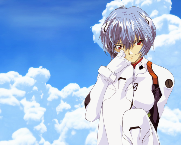 Anime picture 1280x1024 with neon genesis evangelion gainax ayanami rei okazaki takeshi short hair red eyes sitting blue hair sky cloud (clouds) wallpaper girl bodysuit pilot suit