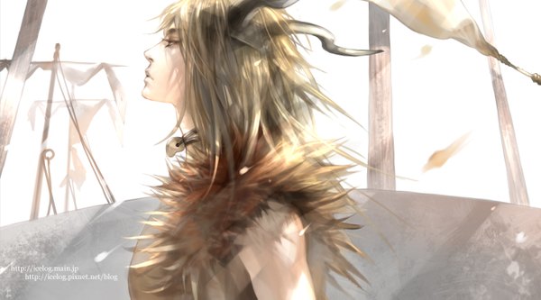 Anime picture 1344x747 with original icelog single long hair blonde hair wide image bare shoulders profile horn (horns) boy