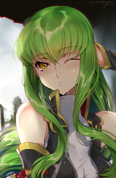 Anime picture 600x919 with code geass sunrise (studio) c.c. creayus single long hair tall image looking at viewer blush fringe breasts hair between eyes bare shoulders yellow eyes upper body parted lips one eye closed green hair sweat arm behind head