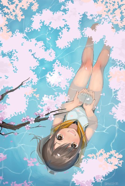 Anime picture 1152x1700 with kantai collection i-401 aircraft carrying submarine mugcup single tall image looking at viewer blush fringe short hair open mouth light erotic smile sitting holding signed payot bent knee (knees) ponytail barefoot from above