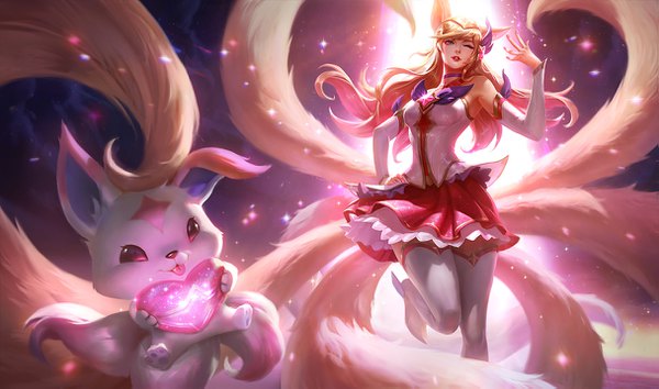 Anime picture 1215x717 with league of legends ahri (league of legends) star guardian ahri long hair blonde hair wide image standing bare shoulders animal ears tail animal tail pleated skirt one eye closed lips wink official art sparkle armpit (armpits) zettai ryouiki hand on hip