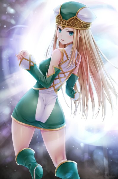 Anime picture 948x1429 with valkyrie profile freya (valkyrie profile) n.g. single long hair tall image looking at viewer blush open mouth blue eyes blonde hair girl dress hat detached sleeves boots