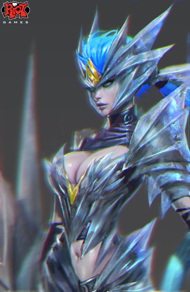 Anime picture 1516x2318 with league of legends shyvana (league of legends) paul (shiramune) single long hair tall image breasts simple background large breasts green eyes blue hair lips realistic lipstick purple lipstick girl navel armor helmet spaulder (spaulders)