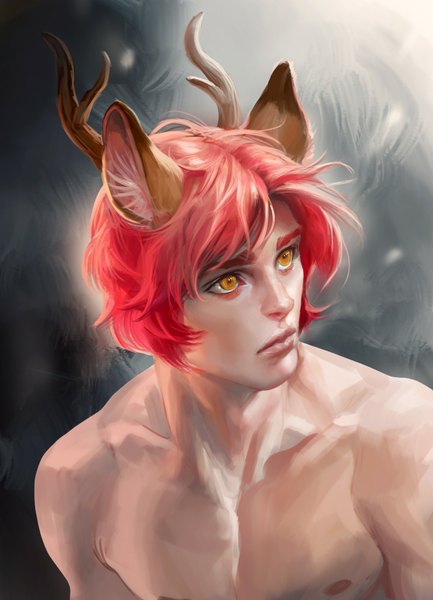 Anime picture 1280x1772 with original sakimichan single tall image looking at viewer fringe short hair bare shoulders animal ears yellow eyes red hair horn (horns) realistic dark background close-up boy