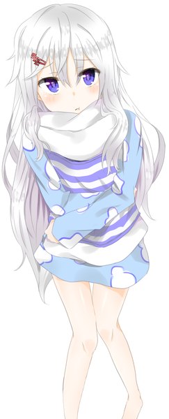 Anime picture 825x2034 with original hashiko no woto single long hair tall image looking at viewer blush fringe simple background hair between eyes white background sitting purple eyes silver hair from above bare legs striped pillow hug girl hair ornament