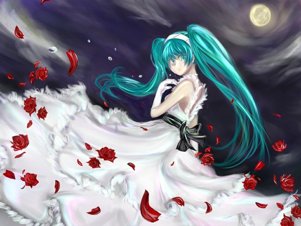 Anime picture 1024x768 with vocaloid hatsune miku tagme (artist) single long hair twintails aqua eyes aqua hair girl dress gloves flower (flowers) bow petals elbow gloves rose (roses) moon red rose