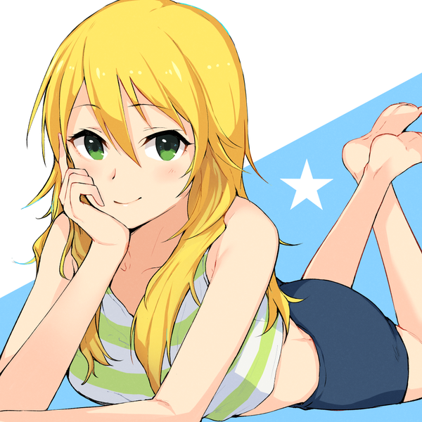 Anime picture 1000x1000 with idolmaster hoshii miki deca purio single long hair looking at viewer blush fringe blonde hair smile hair between eyes bare shoulders green eyes lying barefoot arm support bare legs crossed legs striped on stomach