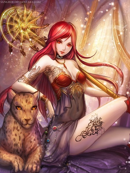 Anime picture 1536x2048 with sangrde single long hair tall image light erotic red eyes sitting bare shoulders red hair orange eyes tattoo legs girl animal choker staff leopard