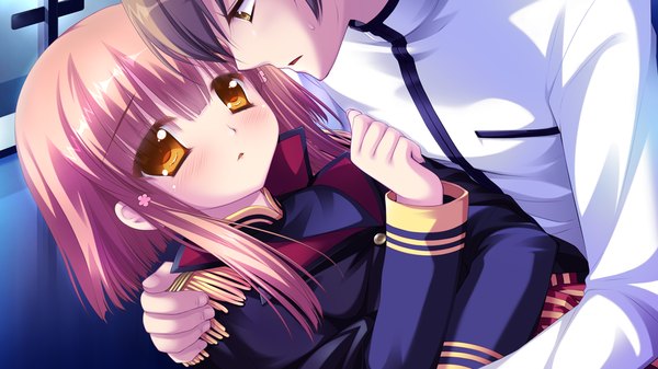 Anime picture 1280x720 with hyper highspeed genius hhg megami no shuuen kushinada nadeshiko short hair brown hair wide image brown eyes yellow eyes game cg couple girl boy uniform