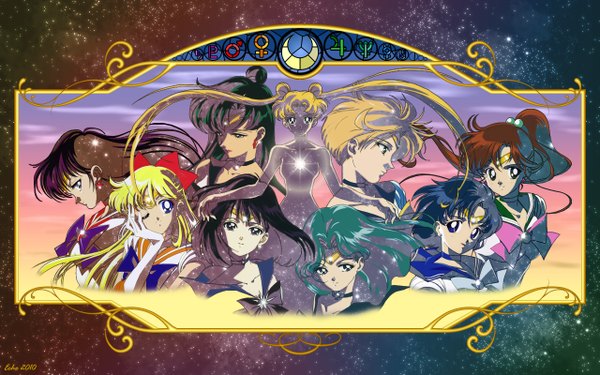 Anime picture 1280x800 with bishoujo senshi sailor moon toei animation tsukino usagi aino minako kino makoto mizuno ami hino rei tomoe hotaru kaiou michiru tenou haruka meiou setsuna blonde hair wide image twintails multiple girls group 6+ girls sailor collar 9 girls girl