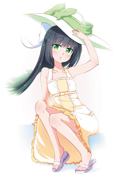 Anime picture 1256x1800 with original mythless single long hair tall image looking at viewer black hair white background green eyes bare legs girl dress bow hat sundress sandals