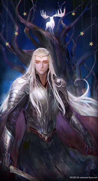 Anime picture 1600x2926 with the hobbit thranduil astarone single long hair tall image blue eyes blonde hair signed pointy ears glowing elf boy weapon plant (plants) animal sword tree (trees) armor star (symbol)