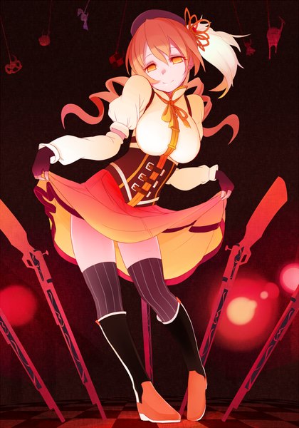 Anime picture 700x999 with mahou shoujo madoka magica shaft (studio) tomoe mami kyokucho single long hair tall image light erotic blonde hair smile yellow eyes drill hair checkered floor floor underbust girl thighhighs gloves weapon black gloves