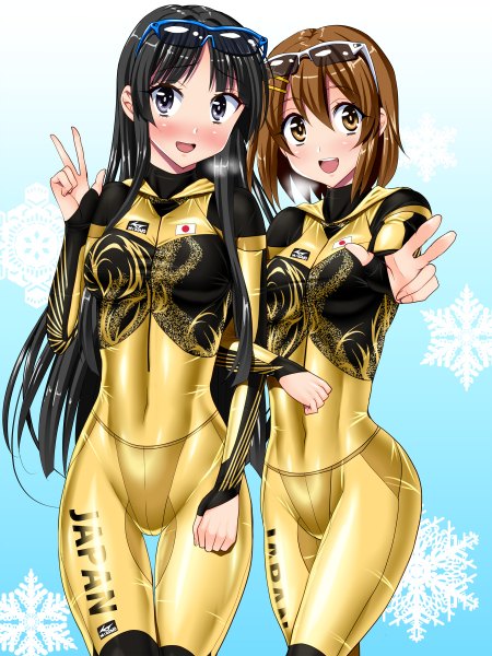 Anime picture 900x1200 with k-on! kyoto animation akiyama mio hirasawa yui sen (sansui) long hair tall image looking at viewer blush fringe short hair open mouth light erotic black hair brown hair standing multiple girls brown eyes grey eyes victory