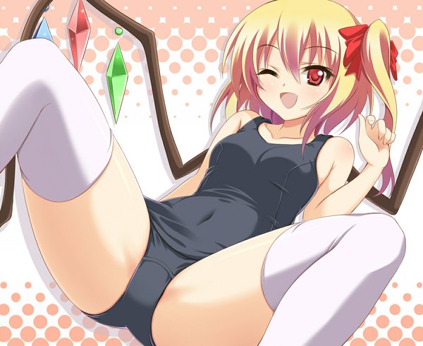 Anime picture 1192x974 with touhou flandre scarlet violet sit single short hair open mouth light erotic blonde hair smile red eyes bare shoulders one eye closed wink teeth fang (fangs) spread legs one side up girl thighhighs bow