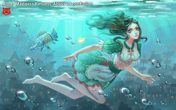 Anime picture 1280x800 with american mcgee's alice (game) alice: madness returns alice (american mcgee's) redname single long hair looking at viewer black hair green eyes barefoot inscription underwater girl dress choker building (buildings) apron bubble (bubbles) fish (fishes) scales