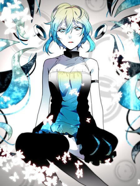 Anime picture 600x800 with vocaloid hatsune miku suminosumire single tall image short hair blonde hair simple background sitting bare shoulders parted lips multicolored hair aqua eyes aqua hair gradient hair alternate hairstyle pale skin knees touching alternate hair length girl