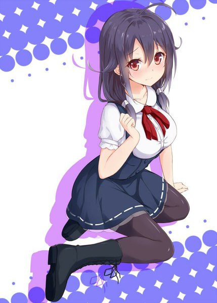 Anime picture 643x900 with kantai collection taigei light aircraft carrier takehana note single long hair tall image looking at viewer blush fringe black hair red eyes white background twintails ahoge arm support shadow alternate costume embarrassed puffy sleeves low twintails