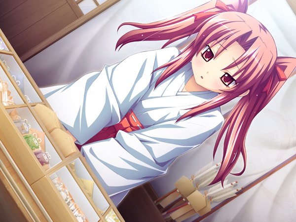 Anime picture 1200x900 with miko-san to issho! red eyes twintails game cg red hair japanese clothes girl