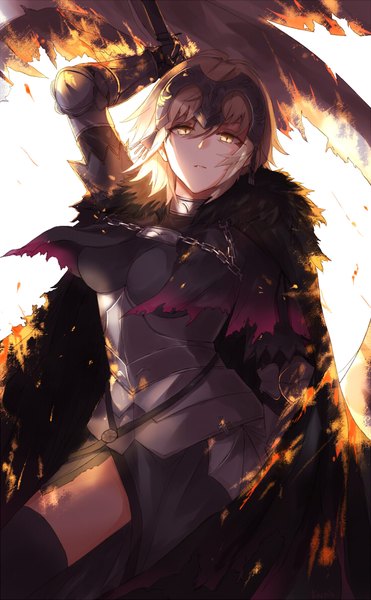 Anime picture 734x1185 with fate (series) fate/grand order jeanne d'arc (fate) (all) jeanne d'arc alter (fate) kachi single tall image looking at viewer fringe short hair breasts simple background blonde hair hair between eyes white background holding yellow eyes arm up wind shadow