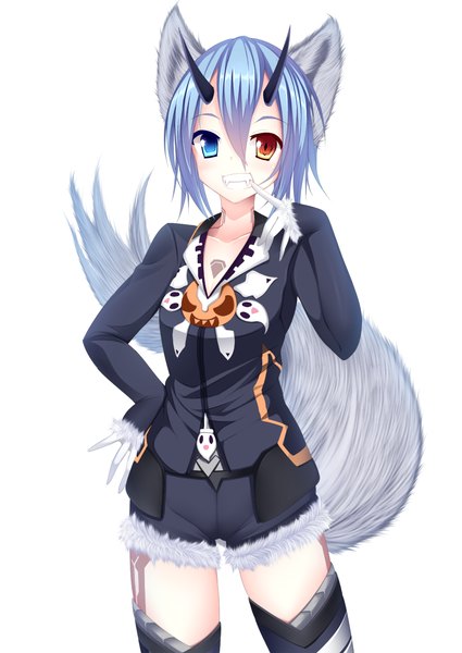 Anime picture 859x1214 with phantasy star phantasy star online 2 sega io (pso2) sukage single tall image looking at viewer blush fringe short hair open mouth blue eyes simple background red eyes white background animal ears blue hair tail animal tail