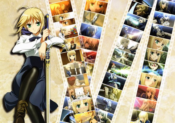 Anime picture 2500x1753 with fate (series) fate/stay night studio deen type-moon artoria pendragon (all) saber highres blonde hair green eyes ahoge girl skirt weapon sword boots excalibur