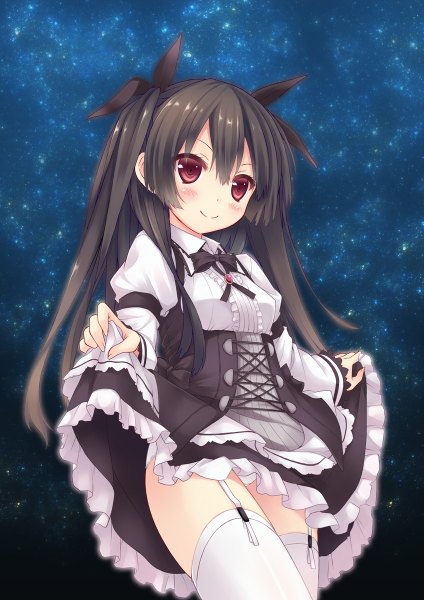 Anime picture 848x1200 with original ryo (botugo) long hair tall image blush black hair smile red eyes pantyshot girl thighhighs dress underwear panties bow hair bow white thighhighs frills