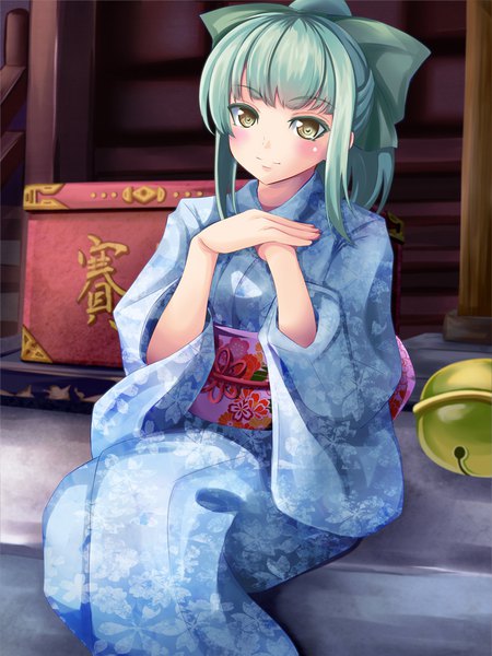 Anime picture 800x1067 with kantai collection yuubari light cruiser yumibakama meme single long hair tall image looking at viewer blush fringe smile sitting brown eyes payot ponytail blunt bangs traditional clothes japanese clothes green hair wide sleeves floral print