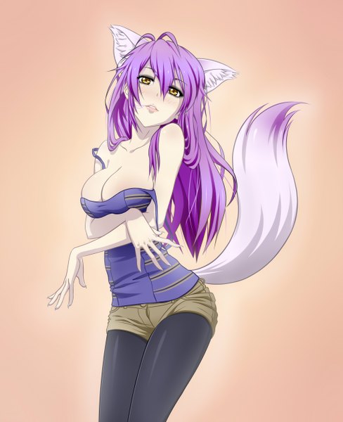 Anime picture 2050x2520 with nikita varb single long hair tall image looking at viewer blush highres breasts light erotic simple background large breasts standing yellow eyes purple hair tail animal tail cat girl cat tail brown background girl