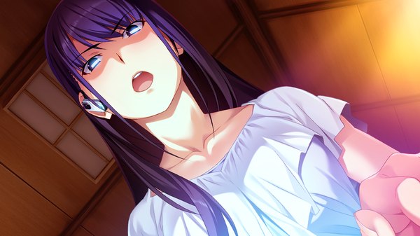 Anime picture 1280x720 with grisaia no kajitsu sakaki yumiko watanabe akio long hair open mouth blue eyes black hair wide image game cg girl dress